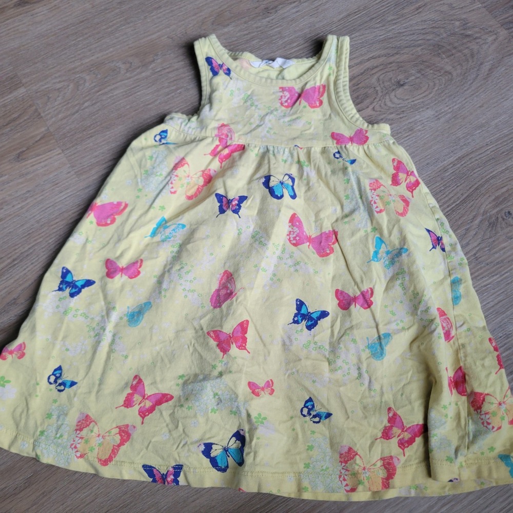 H&M Girls Dress 2-4Y Yellow Cotton Butterfly Print Casual Summer Sleeveless